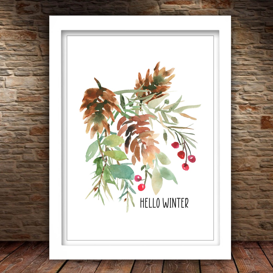 Hello Winter Pine Cone Eucalyptus Berry Watercolor Botanical Poster - Image 2