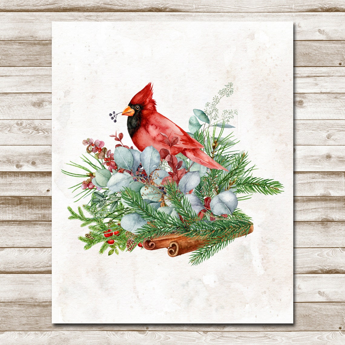 Red Cardinal Winter Greenery Bouquet Watercolor Christmas Wall Art - Image 4