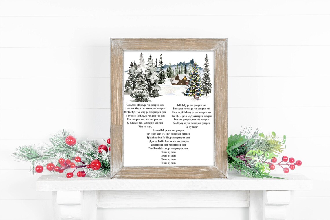 The Little Drummer Boy Song Lyrics Snowy Christmas Tree Scene Poster - Image 7