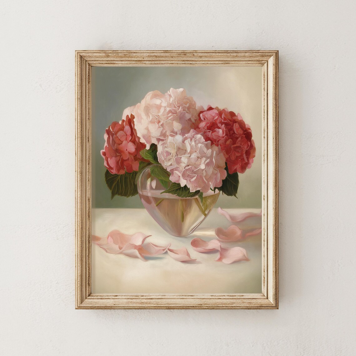 Pink Hydrangeas in Heart Shaped Glass Vase Floral Oil Painting Poster