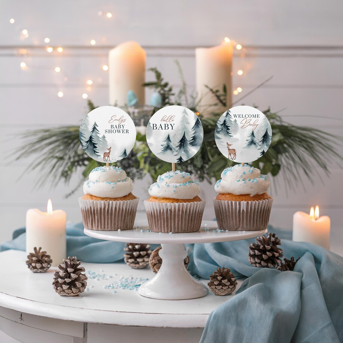 Snowy Winter Deer Baby Shower Cupcake Toppers Hello Baby Print Set - Image 4