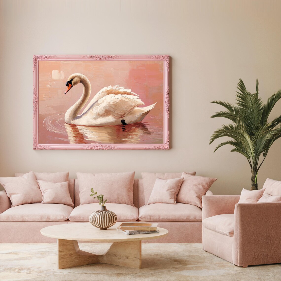 Elegant White Swan Gliding on Rose Pink Water Oil Painting Poster - Image 4