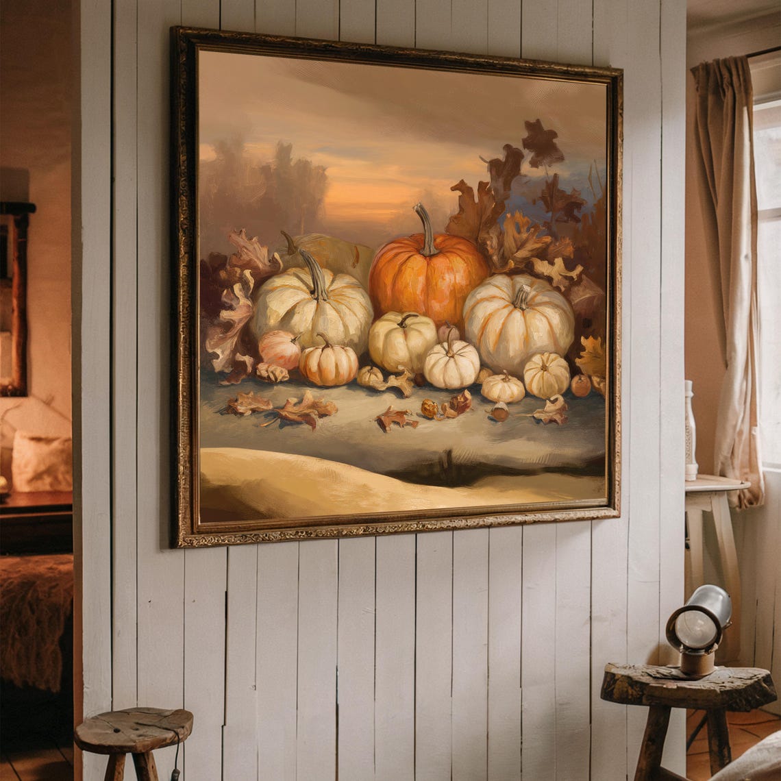 Vintage Fall Harvest Pumpkins Autumn Leaves Sunset Still Life Poster - Image 3
