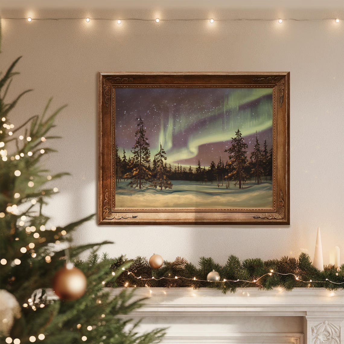 Aurora Borealis Night Sky Snowy Pines Forest Winter Landscape Poster - Image 3