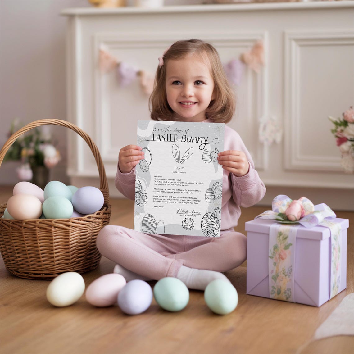 Easter Bunny Letter Black White Line Art Eggs Magic Printable Print - Image 2