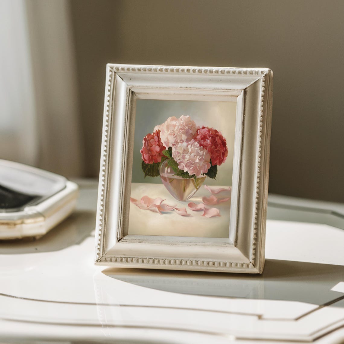 Pink Hydrangeas in Heart Shaped Glass Vase Floral Oil Painting Poster - Image 2