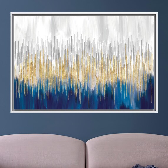 Gold Lines Abstract White Blue Modern Minimalist Dripping Art Print
