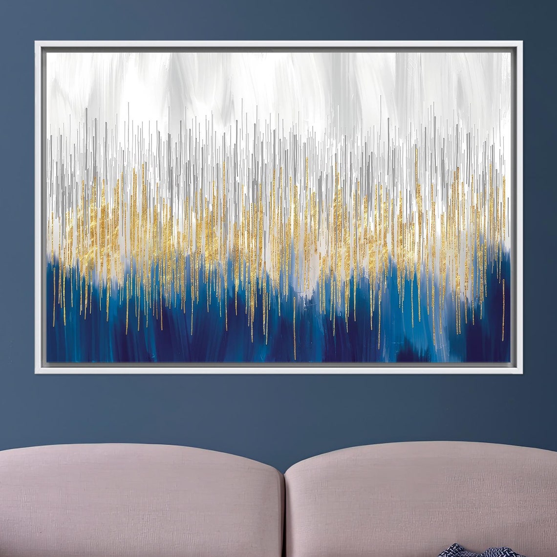 Gold Lines Abstract White Blue Modern Minimalist Dripping Art Print