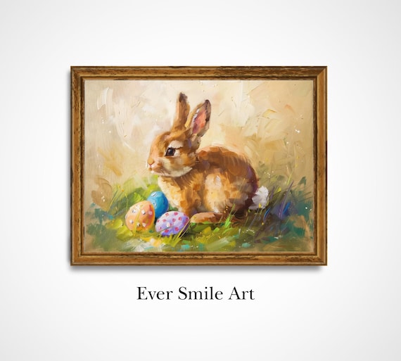 Brown Easter Bunny With Painted Eggs Vintage Spring Farmhouse Art Poster