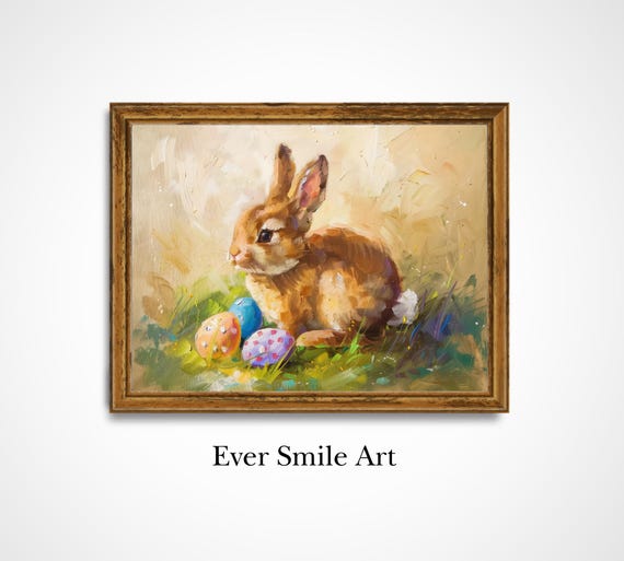 Cute Easter Bunny With Eggs Wall Art Vintage Spring Farmhouse Decor Cottagecore Gift For Bunny Lovers And Kids