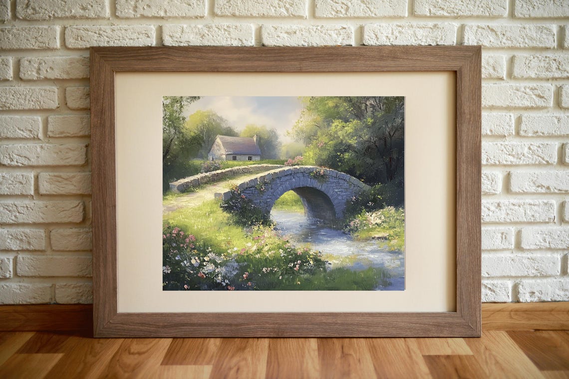 Old Stone Bridge Over Stream With Cottage Vintage Spring Poster - Image 2