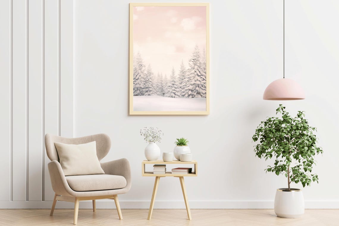 Snowy Pine Forest Blush Pink Dawn Vintage Oil Painting Winter Print - Image 2