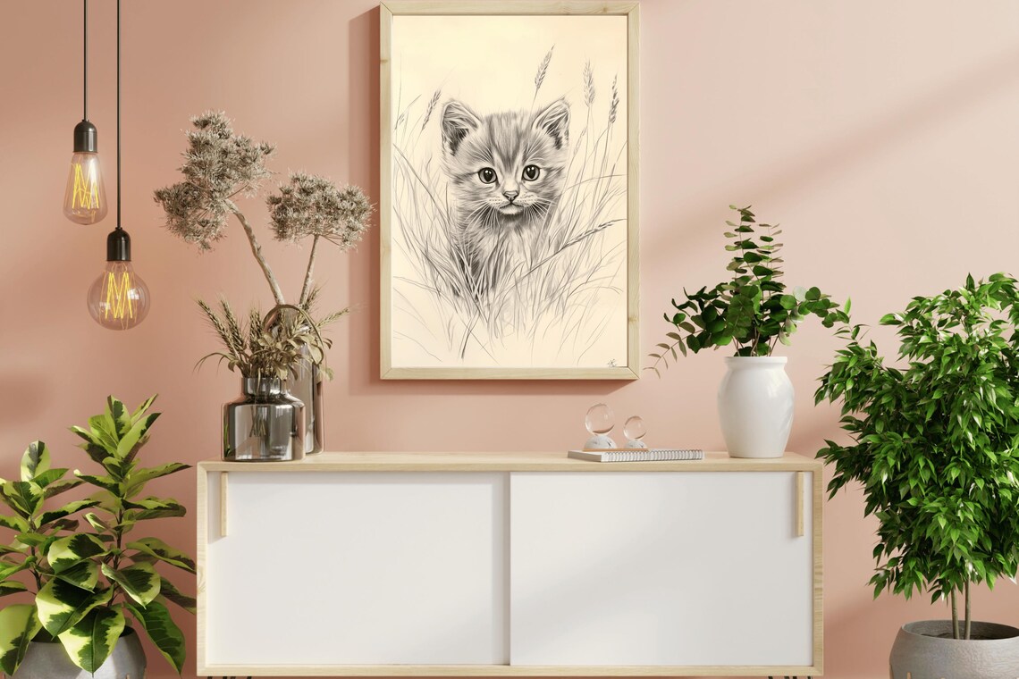 Fluffy Kitten Pencil Sketch Vintage Nursery Cat Drawing Wall Art Poster - Image 3