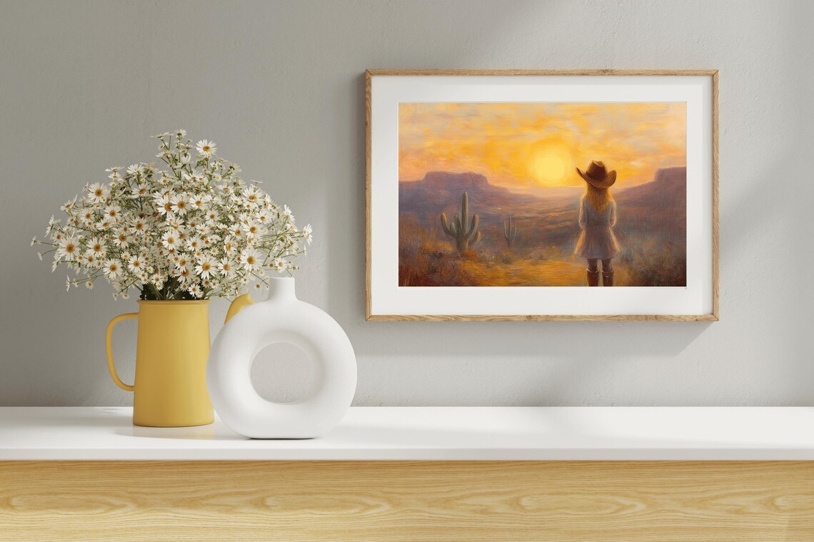 Little Cowgirl Golden Desert Sunset Dreamy Western Nursery Art Print - Image 5