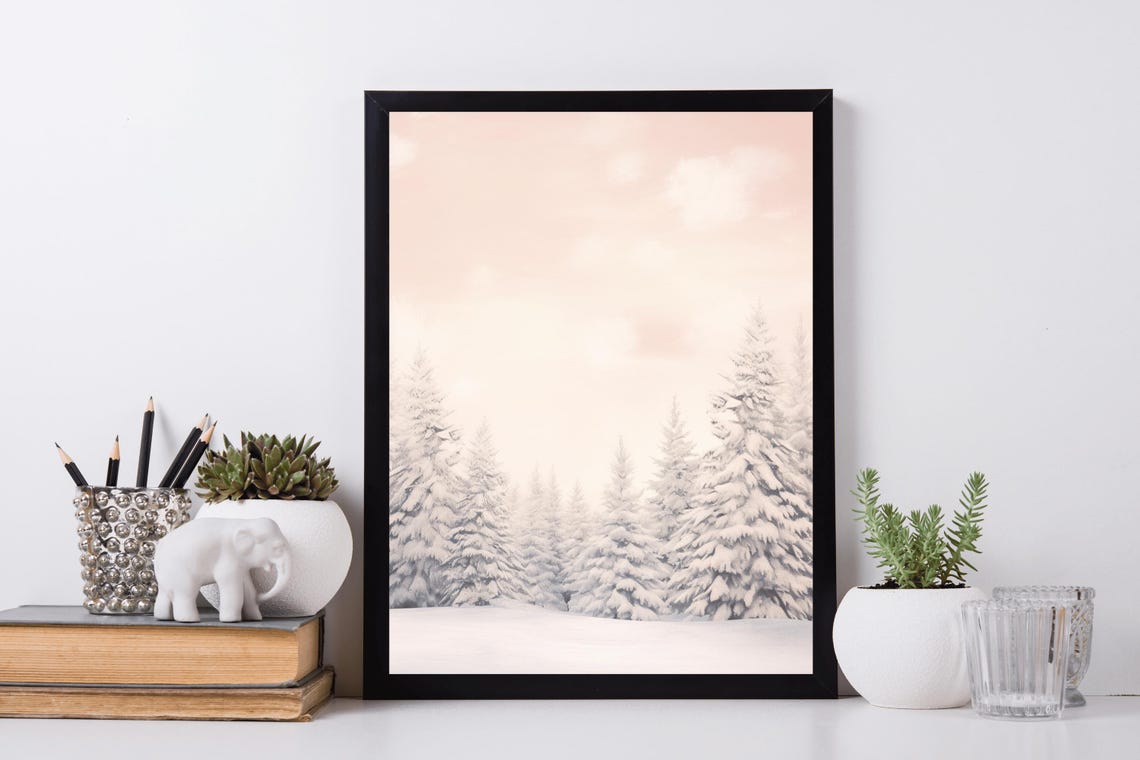 Snowy Pine Forest Blush Pink Dawn Vintage Oil Painting Winter Print - Image 5