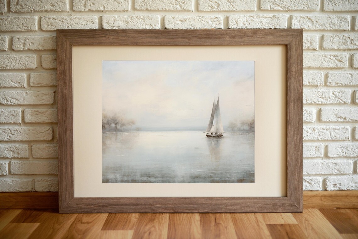 Sailboat Misty Lake Calm Waters Vintage Oil Painting Nautical Print - Image 4