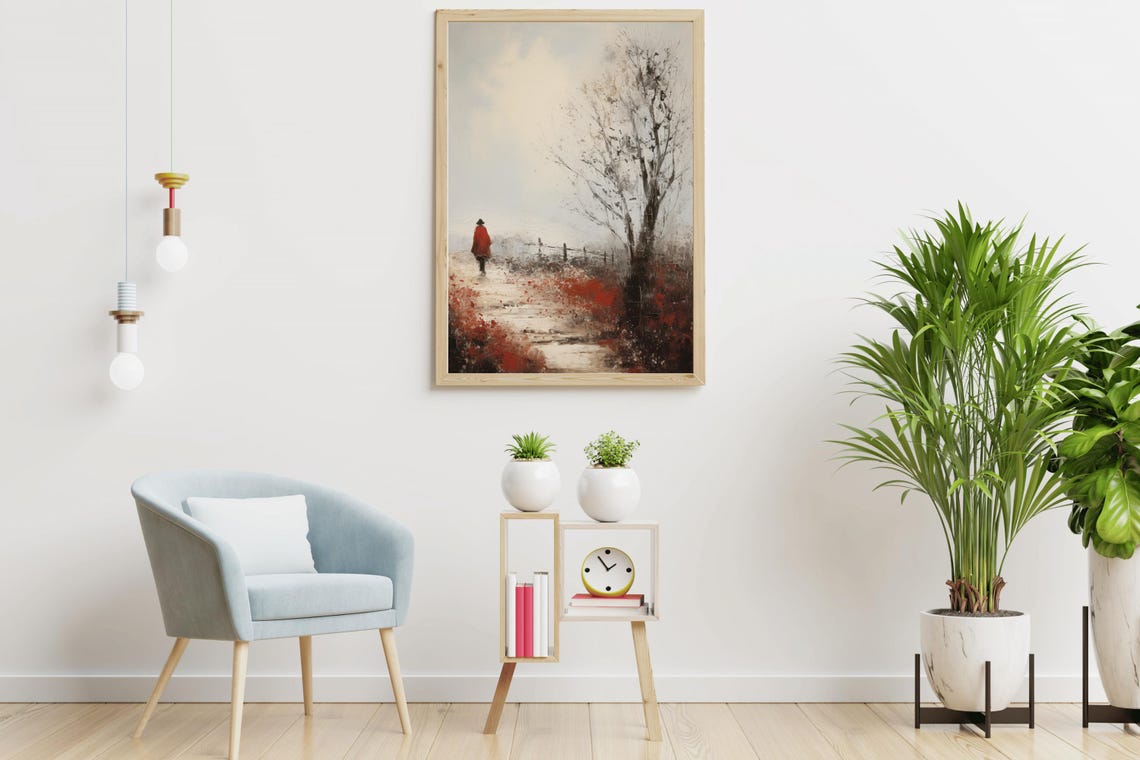Red Coat Winter Walker Snowy Path Vintage Oil Painting Wall Art - Image 4