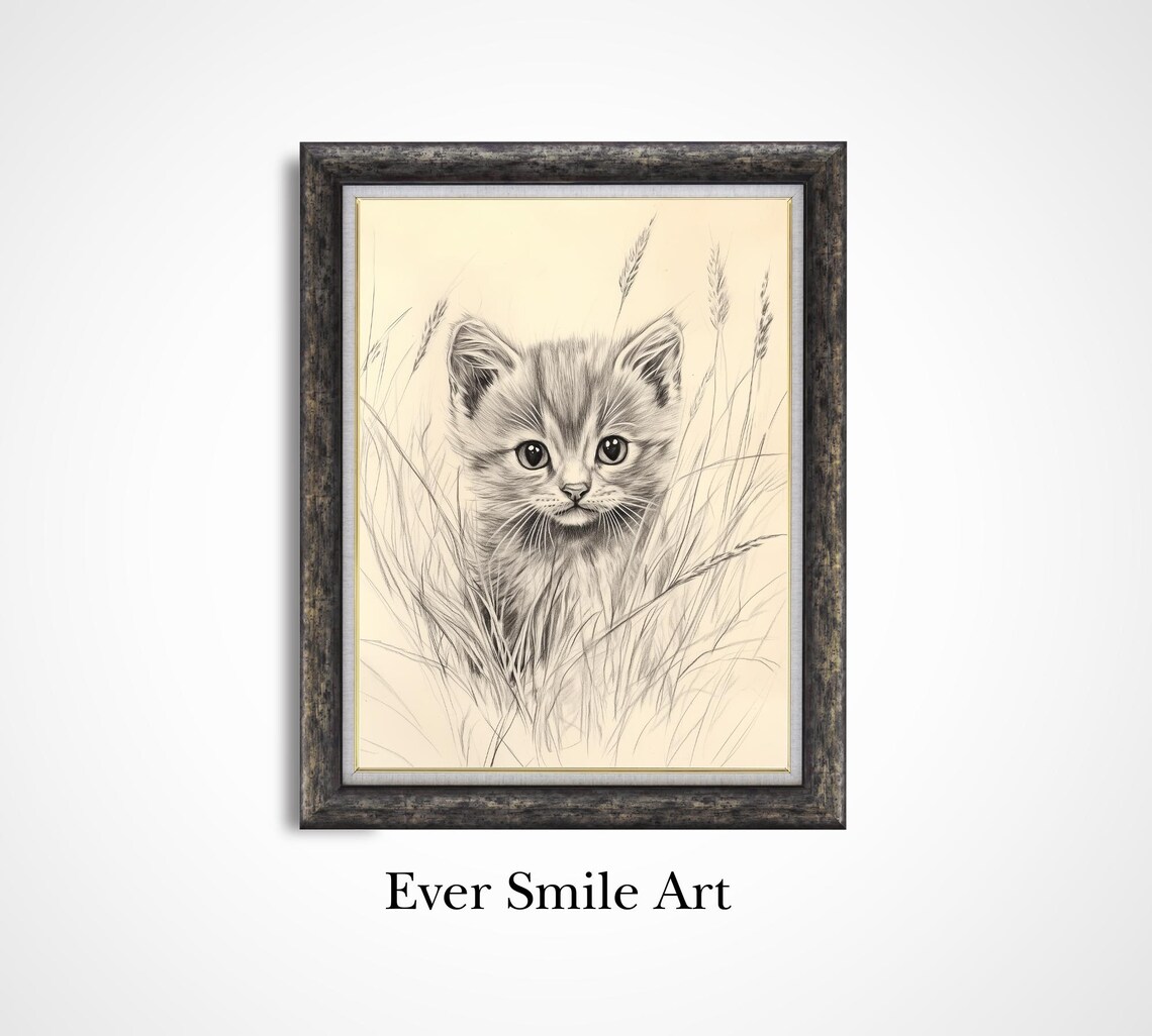 Fluffy Kitten Pencil Sketch Vintage Nursery Cat Drawing Wall Art Poster