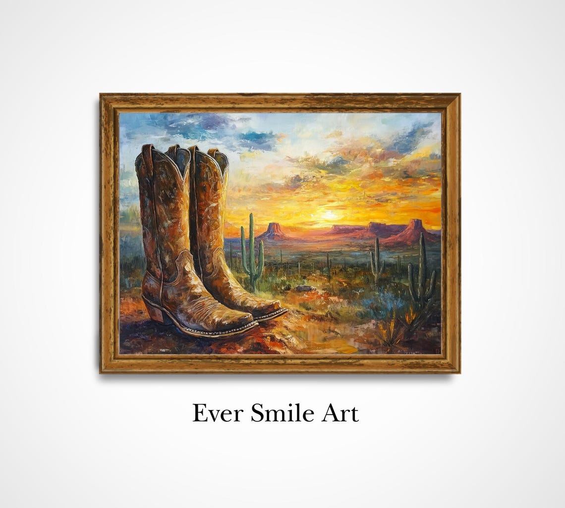 Cowboy Boots At Desert Sunset With Saguaro Cactus Western Art Poster
