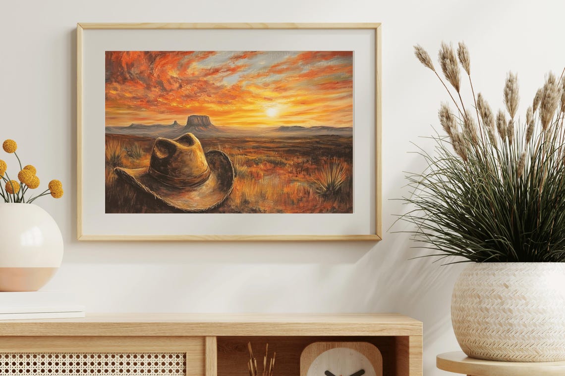 Cowboy Hat Desert Sunset Fiery Sky Western Mesa Landscape Painting - Image 3