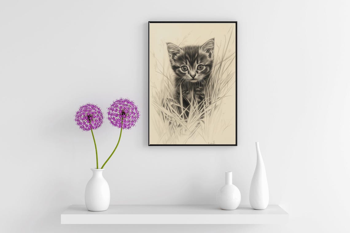 Tabby Kitten In Tall Grass Vintage Pencil Sketch Cat Wall Art Poster - Image 4