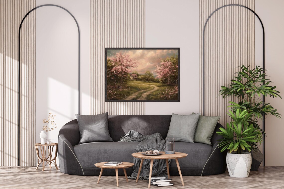 Spring Cottage Pink Blossom Trees Winding Path Country Cottagecore Art Poster - Image 3