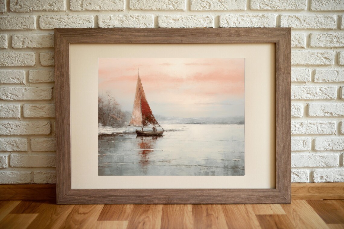 Red Sails Sailboat Sunset Vintage Oil Painting Nautical Wall Art - Image 4