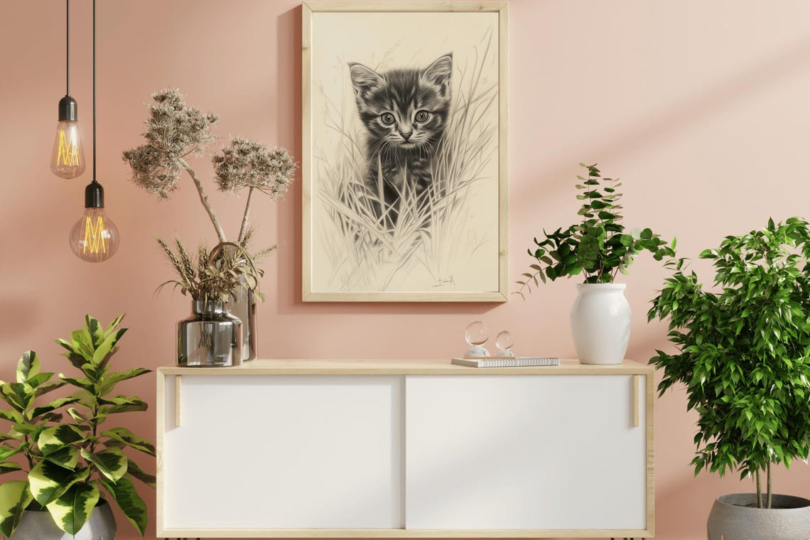 Tabby Kitten In Tall Grass Vintage Pencil Sketch Cat Wall Art Poster - Image 3