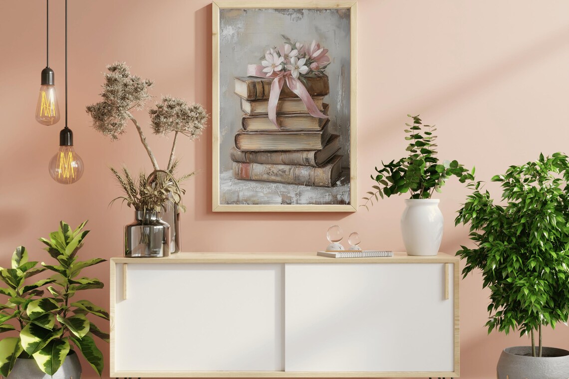 Stack Of Vintage Books With Pink Ribbon Floral Oil Painting Poster - Image 2