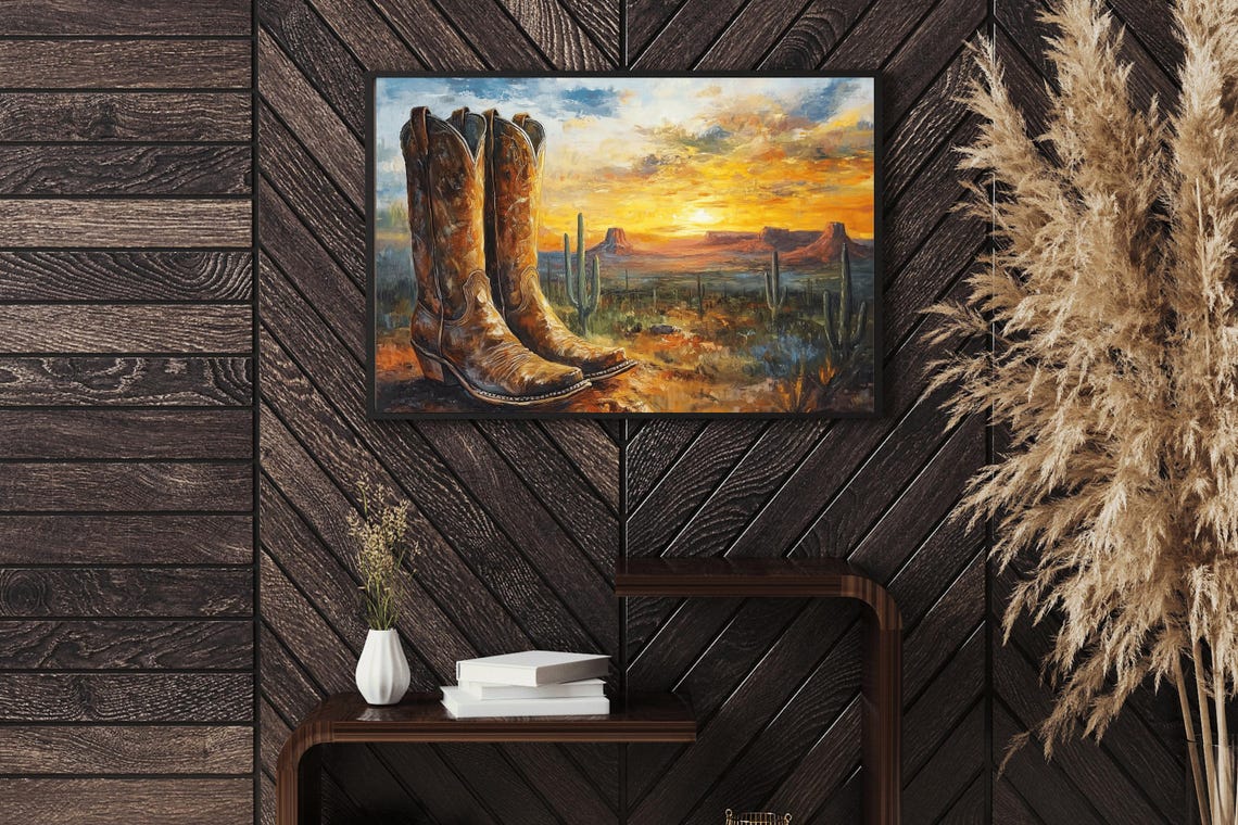 Cowboy Boots At Desert Sunset With Saguaro Cactus Western Art Poster - Image 2