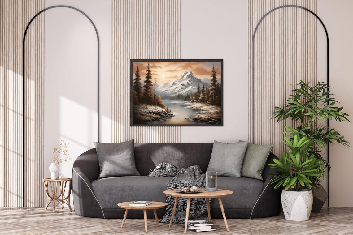 Snowcapped Peak Autumn Pines Sunset River Vintage Oil Painting Print - Image 3