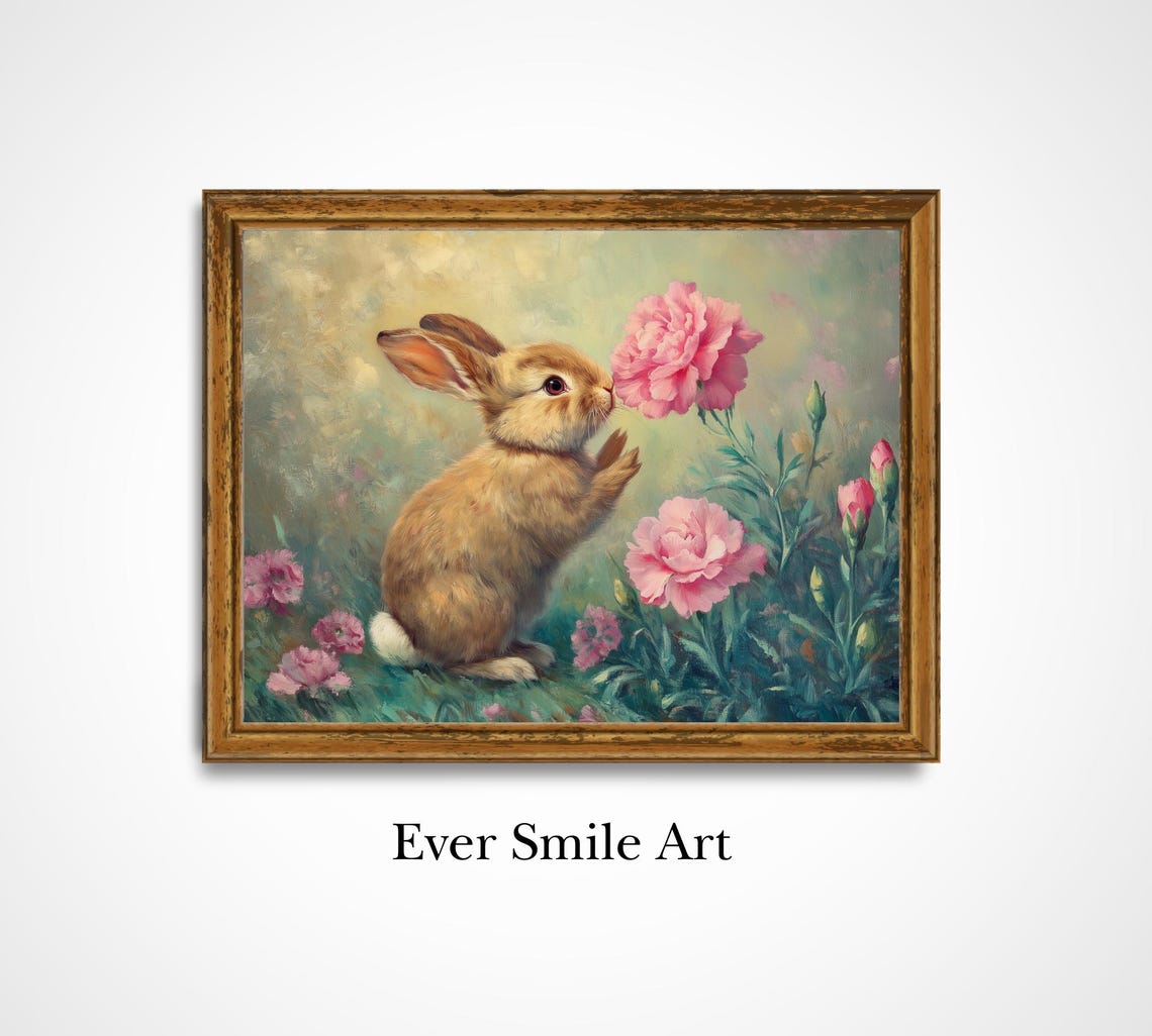 Cute Bunny Wall Art Nursery Decor Childrens Room Decor Whimsical Rabbit Art Pink Carnation Gift Rabbit Print Art