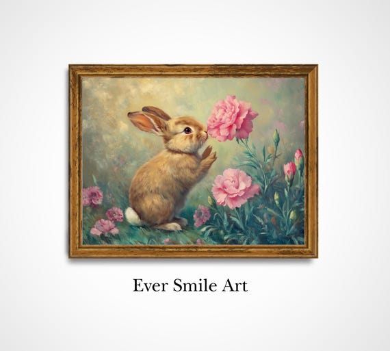 Cute Bunny Wall Art Nursery Decor Childrens Room Decor Whimsical Rabbit Art Pink Carnation Gift Rabbit Print Art