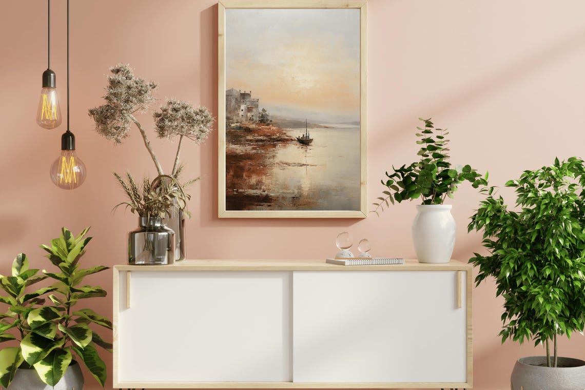 Fishing Village Sunset Dusk Boat Vintage Oil Painting Coastal Poster - Image 3