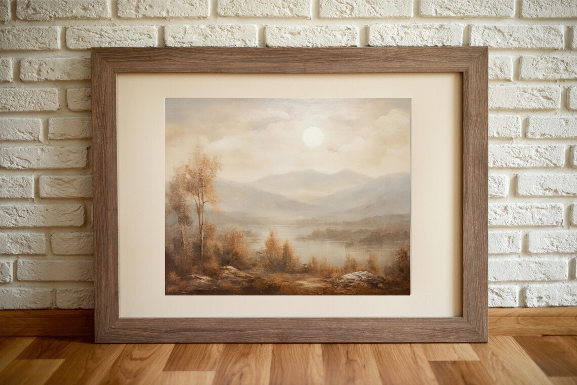 Misty Mountains Lake Golden Hour Vintage Oil Painting Landscape Print - Image 4