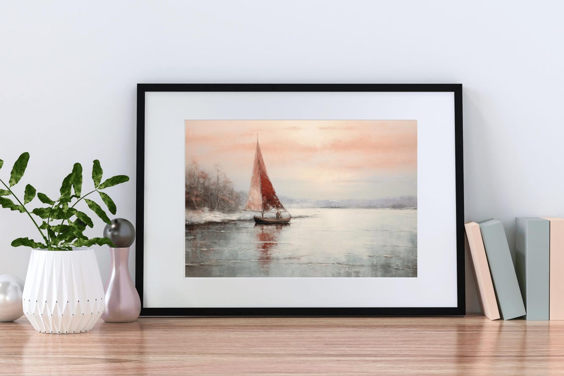 Red Sails Sailboat Sunset Vintage Oil Painting Nautical Wall Art - Image 2