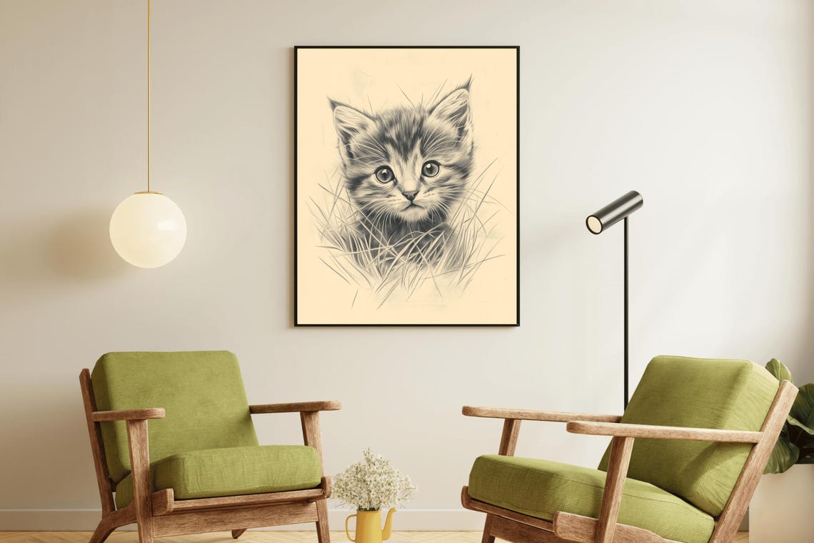 Cute Kitten Pencil Sketch Vintage Cat Drawing Nursery Wall Art Poster - Image 3