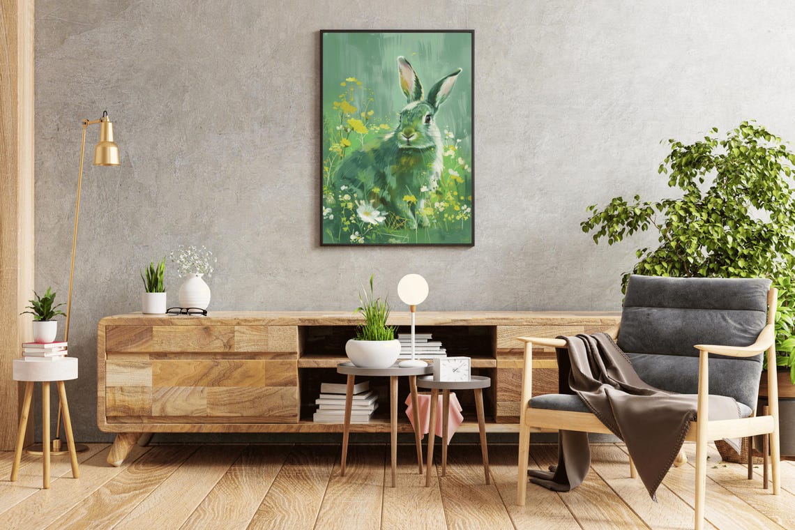 Green Bunny In Wildflowers Vintage Spring Meadow Rabbit Art Poster - Image 5