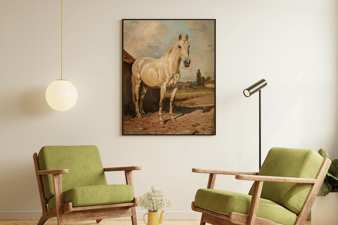 White Horse Standing Farmyard Classic Traditional Equine Oil Painting - Image 2