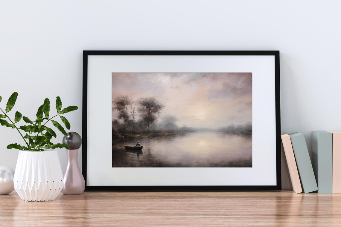Lone Rower Misty River Dusk Vintage Oil Painting Boat Wall Art - Image 2