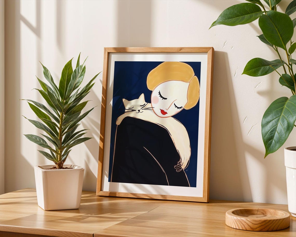 Blonde Woman Holding White Cat Navy Blue Modern Portrait Poster - Image 6