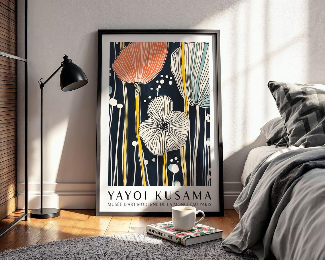 Yayoi Kusama Elegant Line Drawn Tulips on Midnight Blue Poster - Image 2