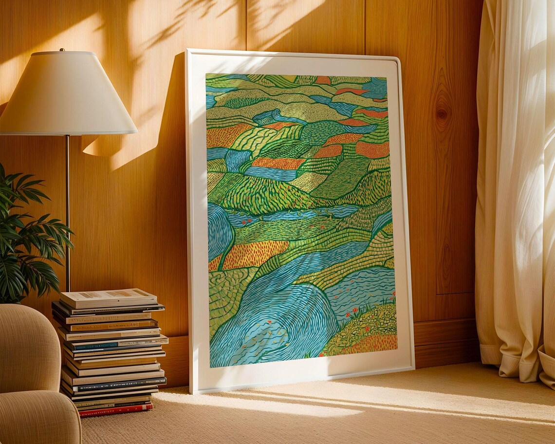 Abstract Green Blue And Orange Winding River Valley Nature Poster - Image 3