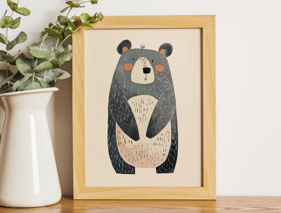 Standing Gray Bear With Cream Belly Minimalist Nursery Poster
