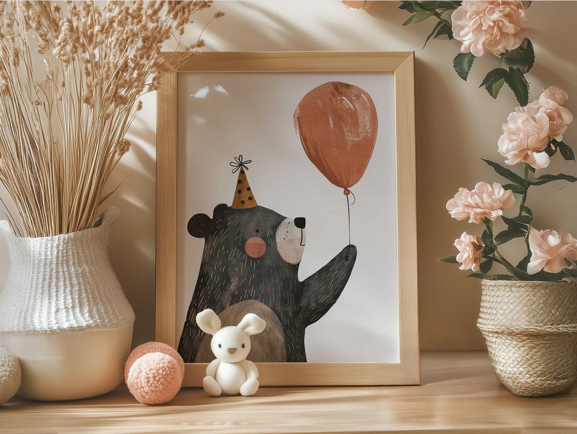 Black Bear With Party Hat Holding Big Terracotta Balloon Poster - Image 5