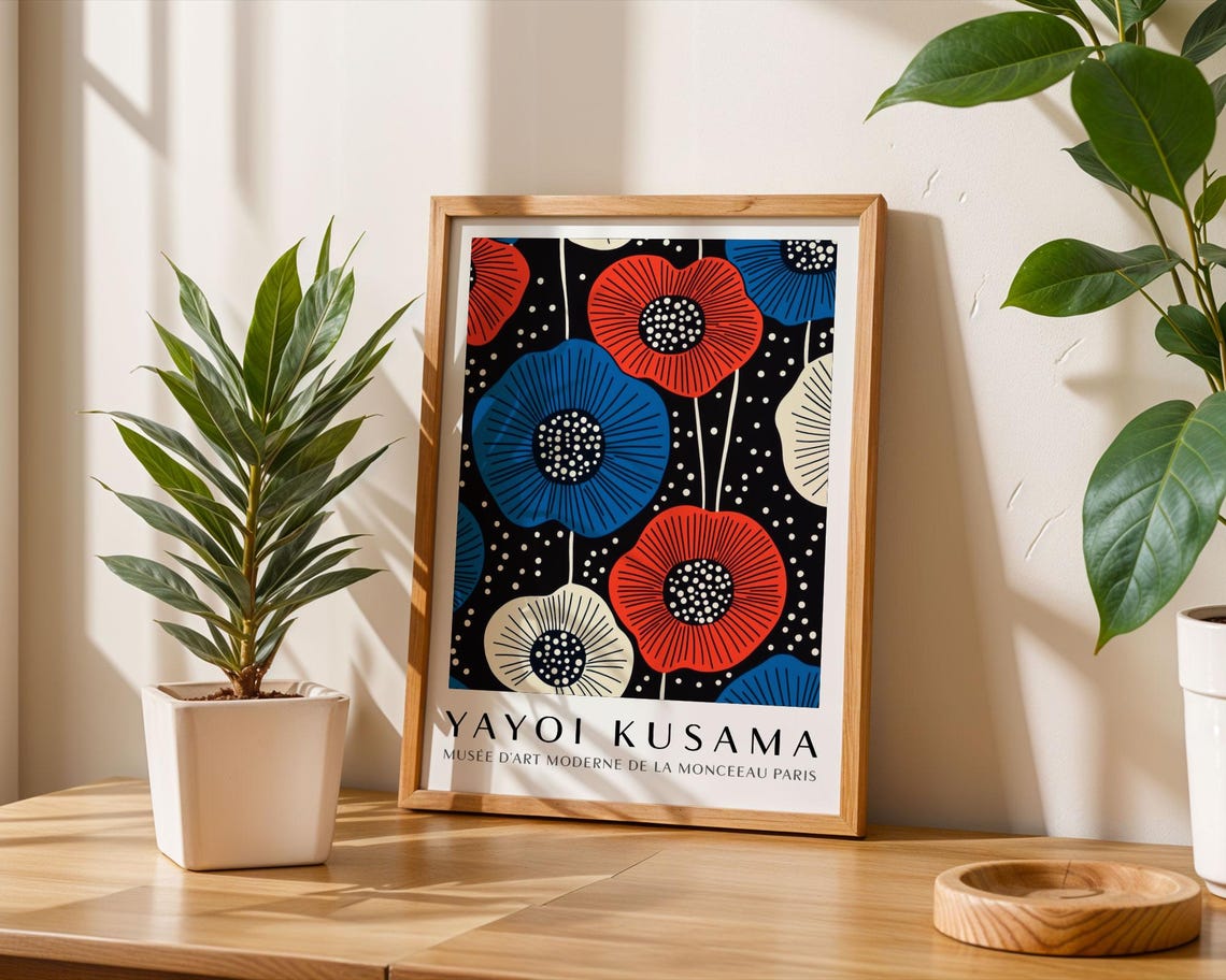 Yayoi Kusama Red and Blue Poppy Pattern on Black Museum Poster - Image 6