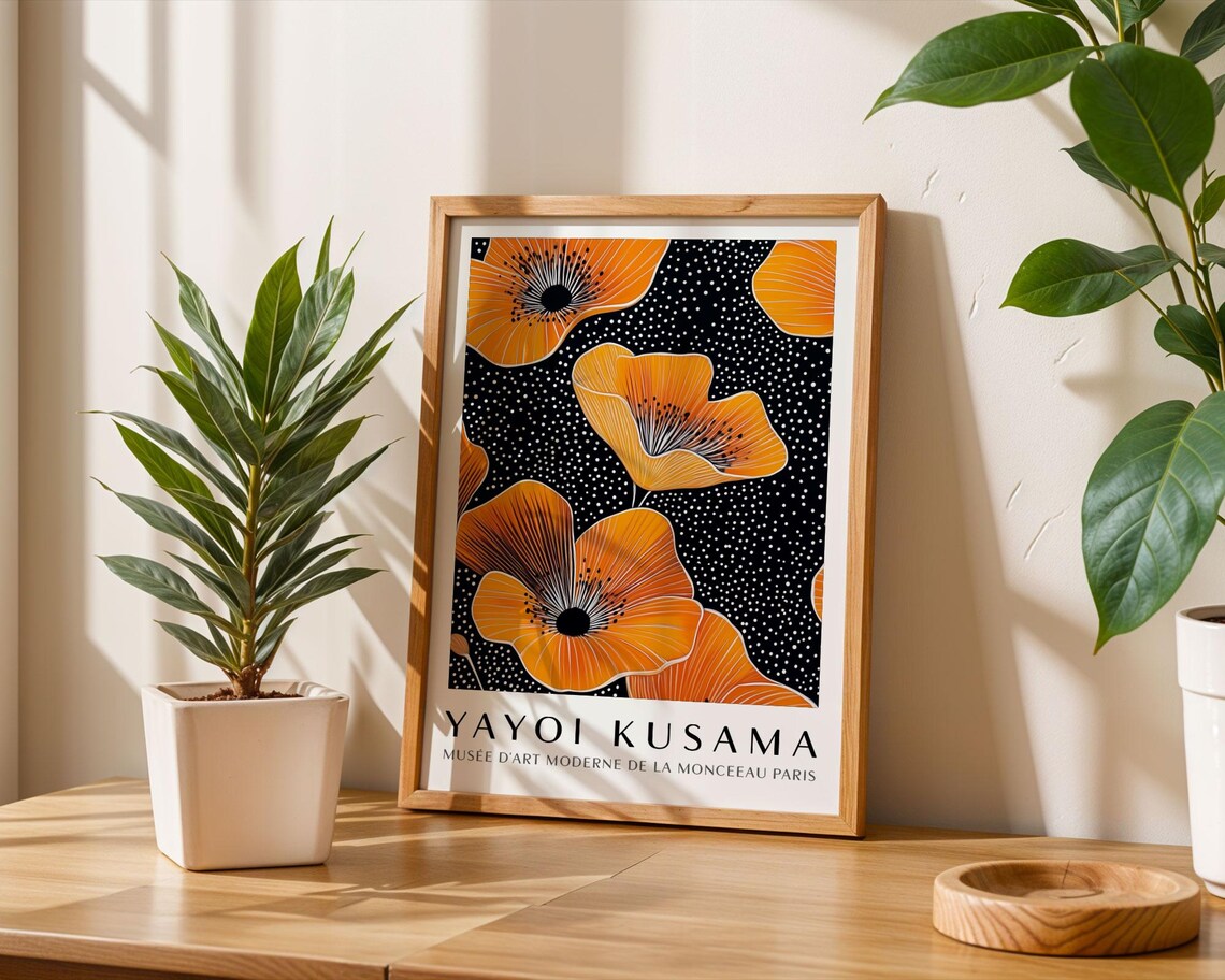 Yayoi Kusama Orange Poppy Flowers on Black Dotted Museum Poster - Image 6