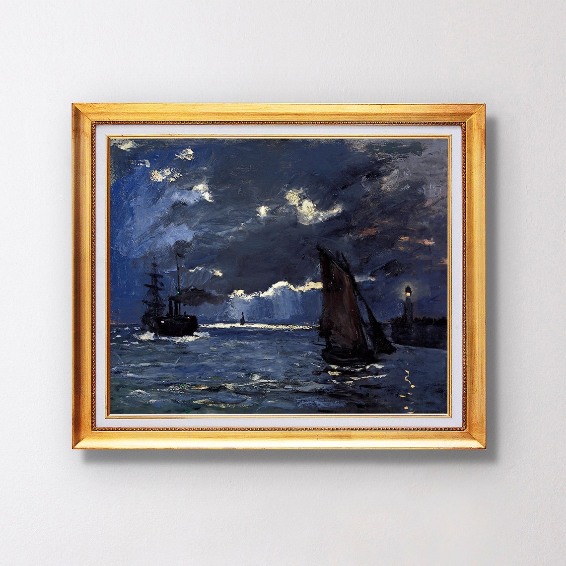 Claude Monet Moonlit Seascape Sailing Ships Lighthouse Night Poster