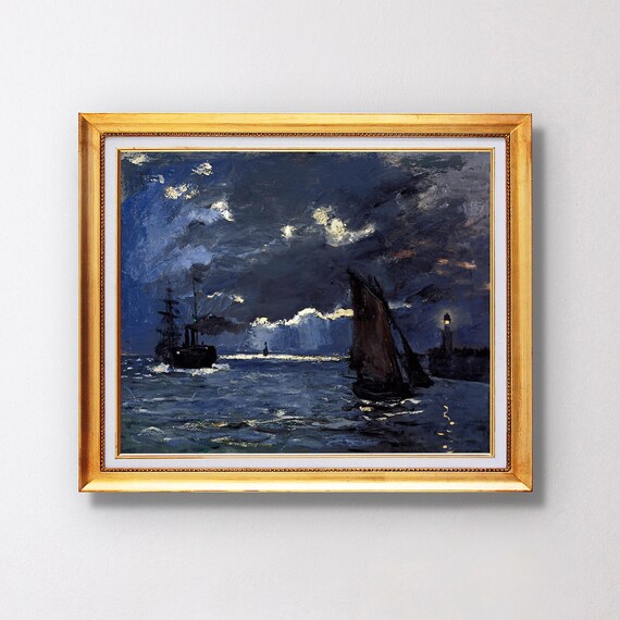 Claude Monet Moonlit Seascape Sailing Ships Lighthouse Night Poster