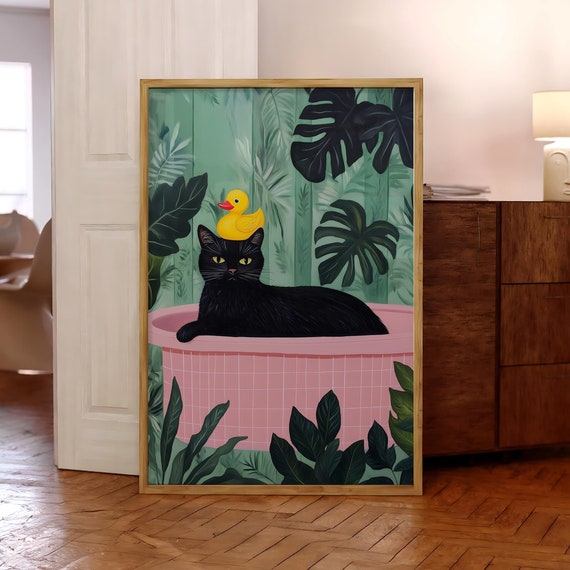 Funny Black Cat Rubber Duck Poster Jungle Wall Art In Bathtub Print Animal Bathroom Pink Prints Optional Frame
